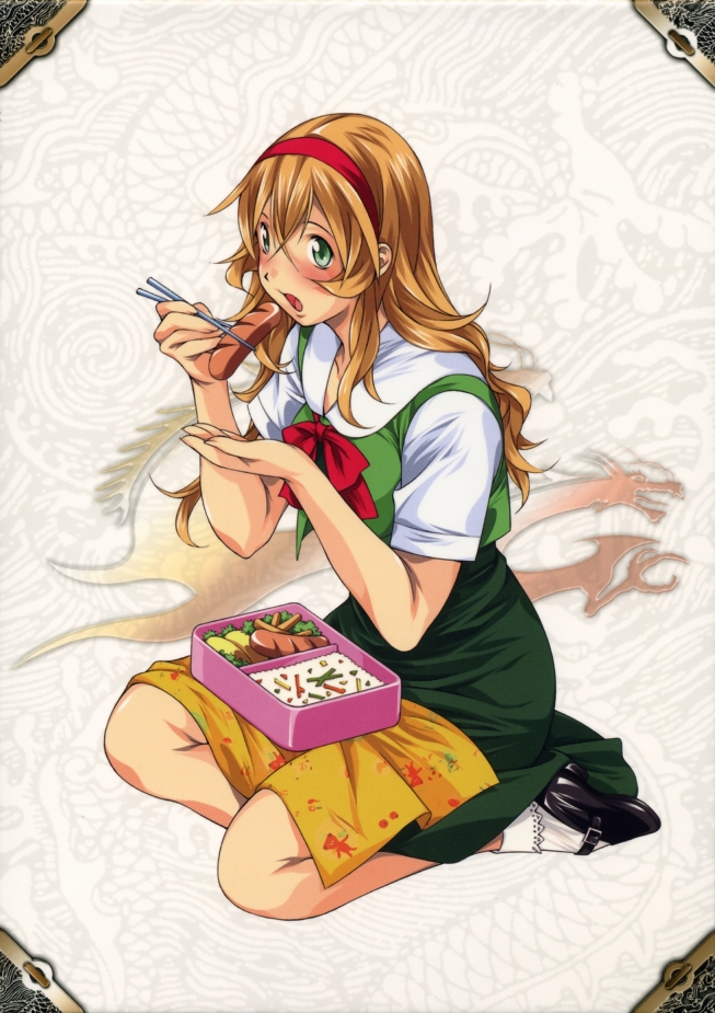 shiozaki yuji, sonken chuubou, ikkitousen, official art, 00s, 1girl, :o, bento, blush, bow, bowtie, brown hair, chopsticks, dragon, eating, female focus, food, full body, green eyes, hairband, kneeling, long hair, mary janes, open mouth, orange hair, school uniform, seiza, shoes, sitting, skirt, socks, solo, white socks