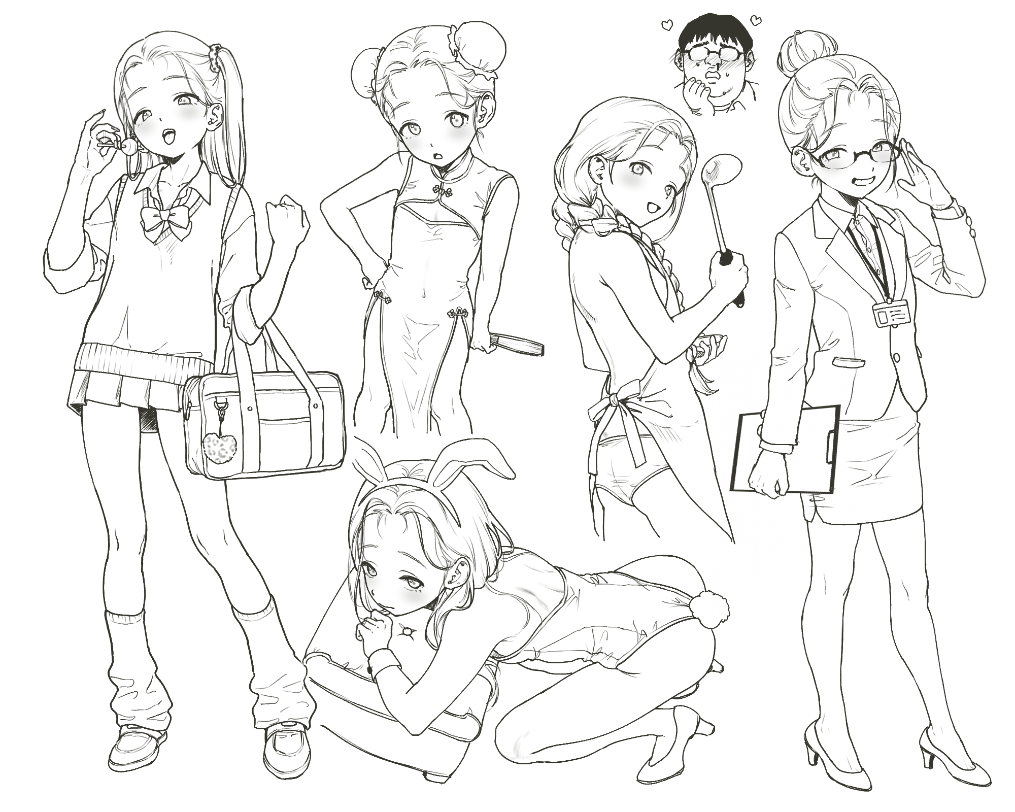 imaninjaguy, sasha (haguhagu), original, highres, 1boy, 1girl, animal ears, apron, borrowed character, china dress, chinese clothes, double bun, dress, forehead, futoshi (haguhagu), greyscale, gyaru, hair bun, holding, holding ladle, kogal, ladle, long hair, monochrome, multiple persona, naked apron, office lady, panties, playboy bunny, rabbit ears, rabbit tail, simple background, sketch, skirt, tail, underwear, white background