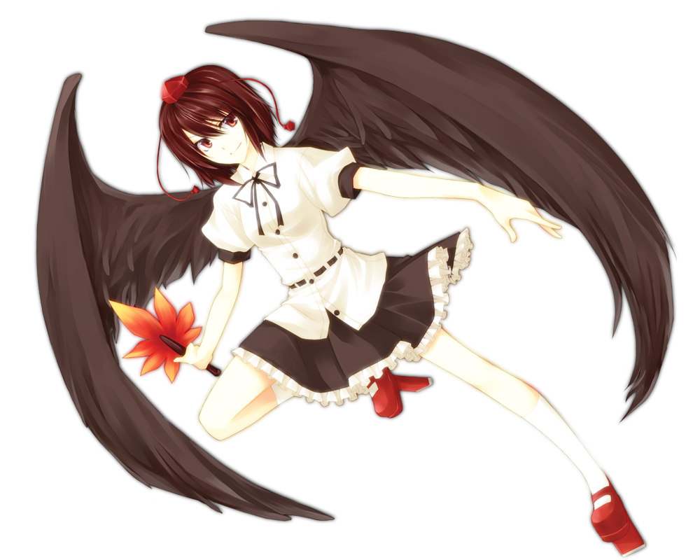 shiren, shiren (monochrome structure), shameimaru aya, touhou, bad id, bad pixiv id, 1girl, black wings, brown hair, female focus, geta, hand fan, hat, looking at viewer, red eyes, short hair, solo, tengu-geta, tokin hat, wings