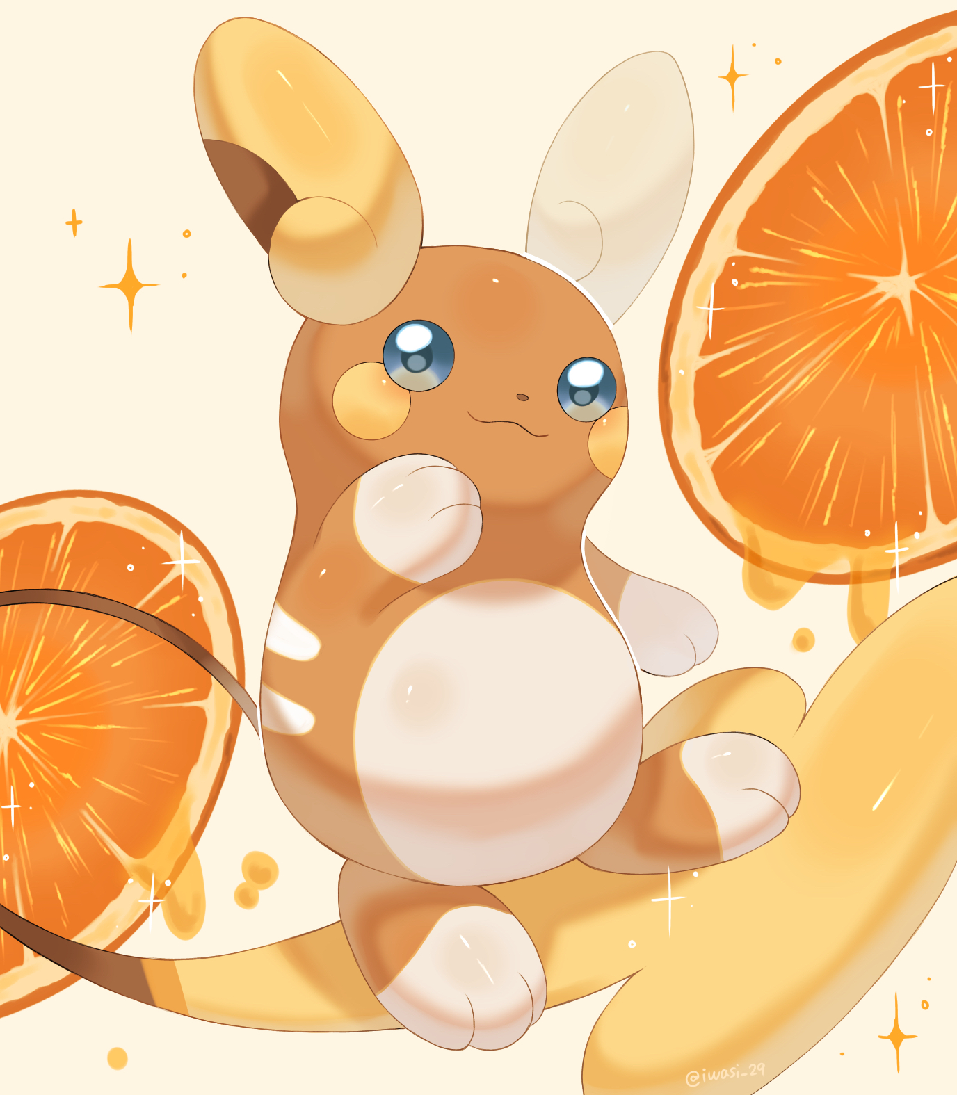 iwasi 29, alolan raichu, nintendo, pokemon, commentary request, highres, :3, alolan form, blue eyes, closed mouth, food, fruit, gen 7 pokemon, no humans, orange (fruit), orange slice, pokemon (creature), simple background, sparkle, tail, white background