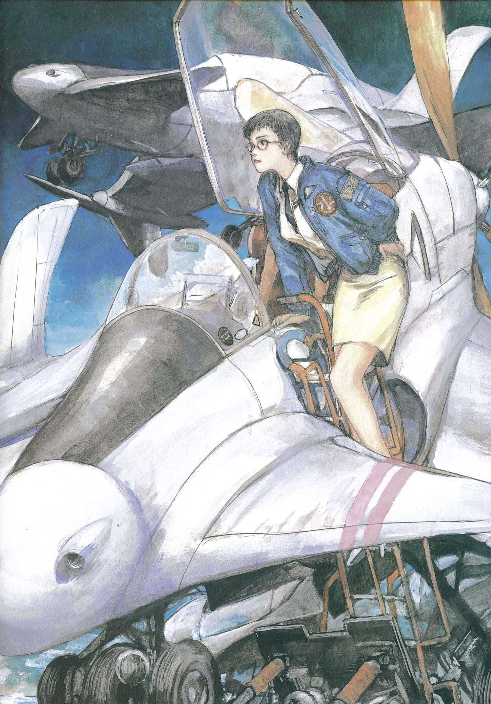 tsuruta kenji, kusanagi suito, the sky crawlers, highres, traditional media, 00s, 1girl, aircraft, airplane, cover image, female focus, glasses, short hair, skirt, solo, vehicle focus