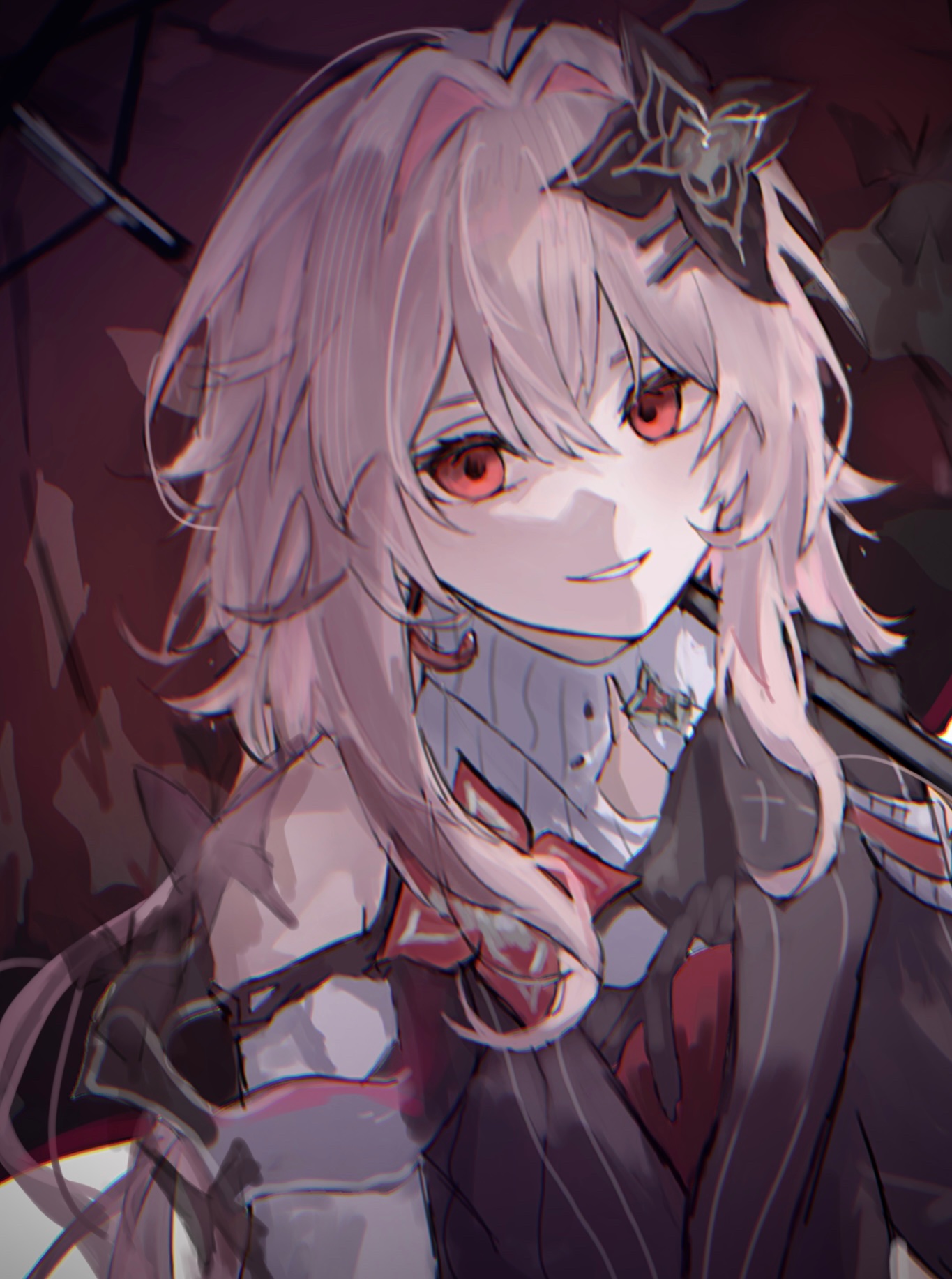evernight (honkai: star rail), march 7th (honkai: star rail), honkai: star rail, honkai (series), highres, 1girl, black dress, black flower, clothing cutout, dress, earrings, empty eyes, flower, flower ornament, hair between eyes, hair flower, hair ornament, hairclip, holding, holding umbrella, jewelry, lapels, long hair, looking at viewer, low twintails, nayuta (8888 mugen), official alternate costume, official alternate hairstyle, pink hair, red eyes, red flower, shoulder cutout, sidelocks, single bare shoulder, single earring, smile, solo, teeth, twintails, two-tone dress, umbrella, upper body, white dress