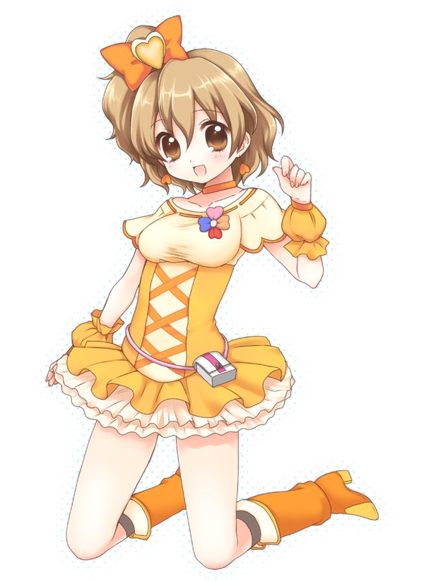 usashiro mani, cure pine, yamabuki inori, fresh precure!, precure, 00s, 1girl, brown eyes, brown hair, female focus, hair ornament, heart, heart hair ornament, kneeling, magical girl, short hair, solo