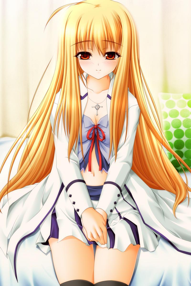 highres, blonde hair, blush, cross, long hair, navel, red eyes, sitting, solo, thighhighs, very long hair