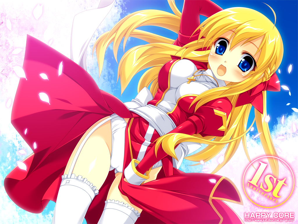 kinoshita ichi, high priest (ragnarok online), ragnarok online, 1girl, arm behind head, arm up, blonde hair, blue eyes, blush, bow, braid, breasts, cameltoe, dress, dutch angle, female focus, hair bow, legs, long hair, looking at viewer, open mouth, outdoors, panties, pantyshot, pelvic curtain, petals, solo, standing, thighhighs, thighs, underwear, white panties, white thighhighs, wind, wind lift