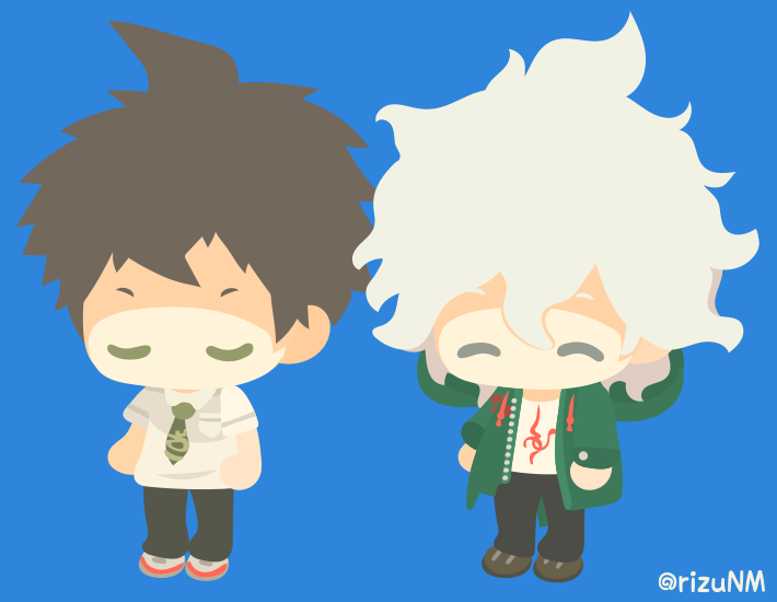 rizu (rizunm), hinata hajime, komaeda nagito, danganronpa (series), danganronpa 2: goodbye despair, 2boys, ahoge, artist name, black pants, blue background, brown hair, chibi, chibi only, closed eyes, collared shirt, green jacket, green necktie, happy, jacket, male focus, messy hair, multiple boys, necktie, open clothes, open jacket, pants, print shirt, shirt, simple background, white hair, white shirt