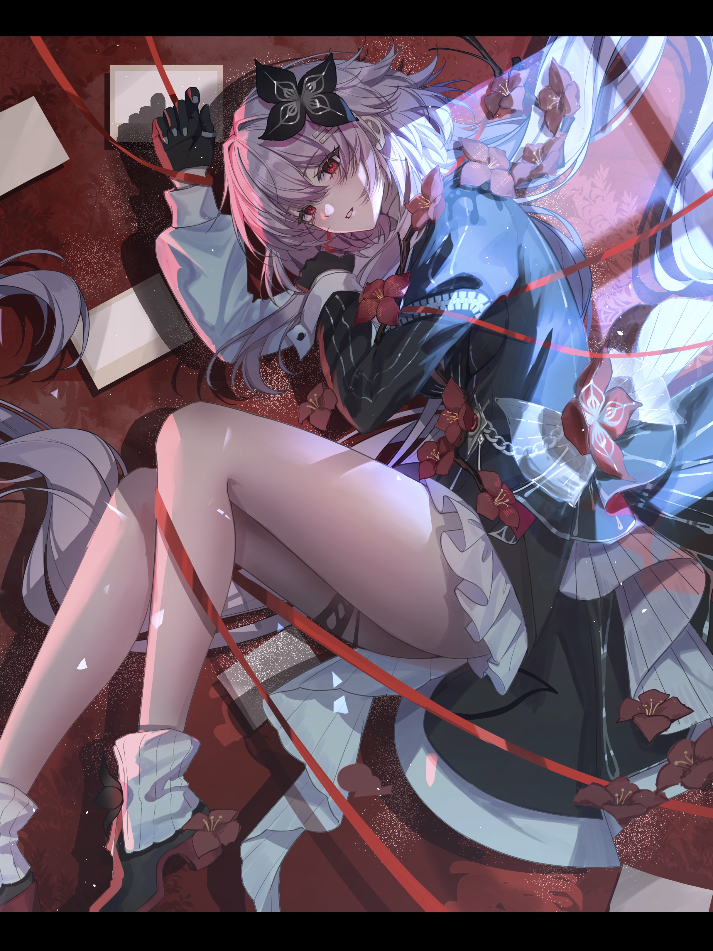 yolanda, evernight (honkai: star rail), march 7th (honkai: star rail), honkai: star rail, honkai (series), absurdres, highres, 1girl, black dress, black flower, black gloves, dress, flower, gloves, hair flower, hair ornament, long hair, long sleeves, looking at viewer, lying, on floor, on side, parted lips, pink hair, red eyes, red flower, red ribbon, ribbon, socks, solo, thighs, very long hair, white socks