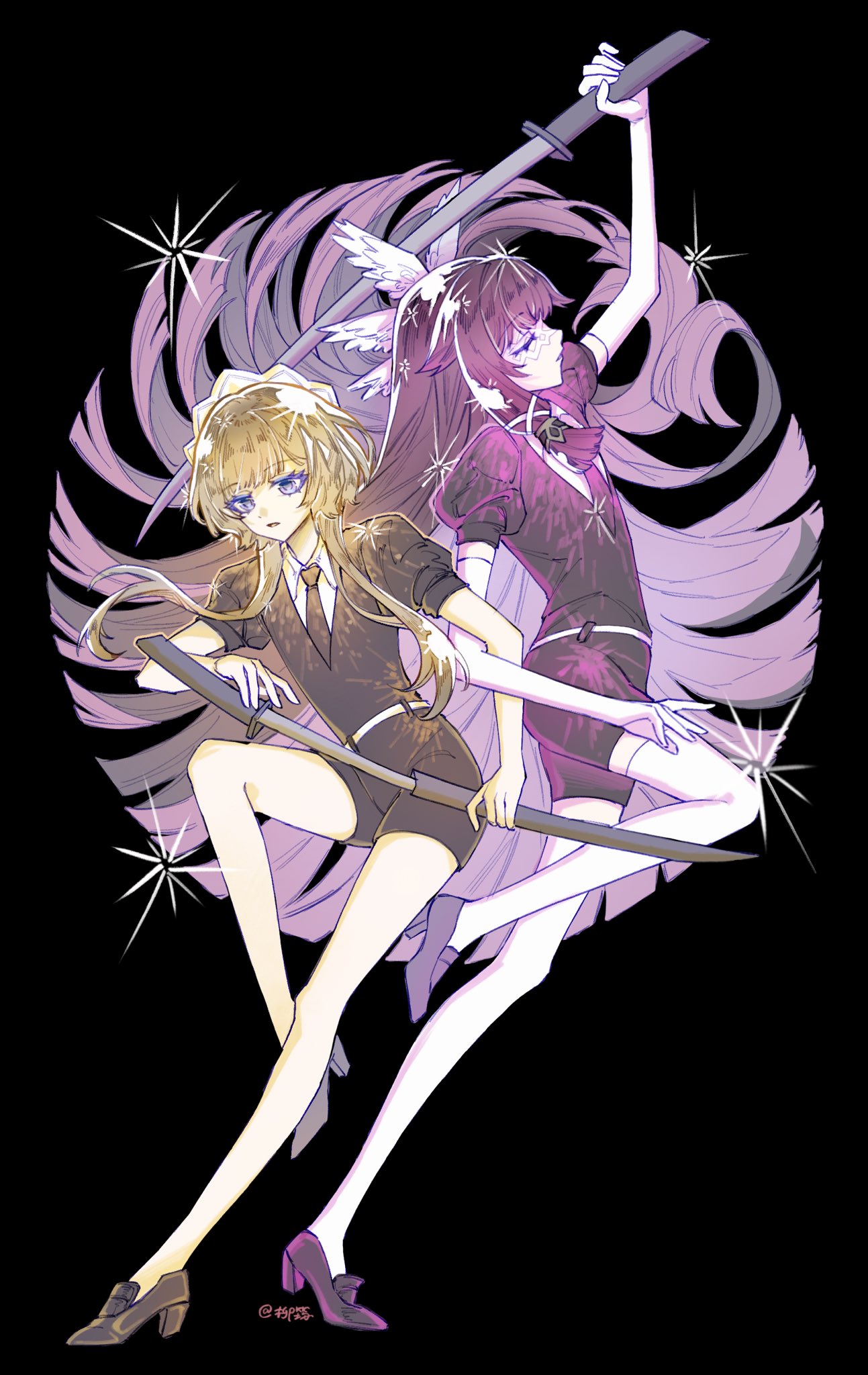 liuyun (liuyun73492), columbina (genshin impact), sandrone (genshin impact), genshin impact, highres, 2girls, alternate costume, angel wings, arm up, artist name, belt, black background, black hair, black necktie, black shirt, black shoes, black shorts, blonde hair, blue eyes, closed eyes, closed mouth, collared shirt, elbow gloves, eye mask, feathered wings, floating hair, full body, gloves, gradient hair, hair ornament, head wings, high heels, holding, holding sword, holding weapon, katana, looking at viewer, mask, multicolored hair, multiple girls, multiple wings, necktie, puffy short sleeves, puffy sleeves, purple hair, shirt, shoes, short hair with long locks, short sleeves, shorts, sidelocks, simple background, sparkle, standing, standing on one leg, sword, teeth, two-tone hair, weapon, white belt, white gloves, white headdress, white mask, white shirt, wings, x hair ornament