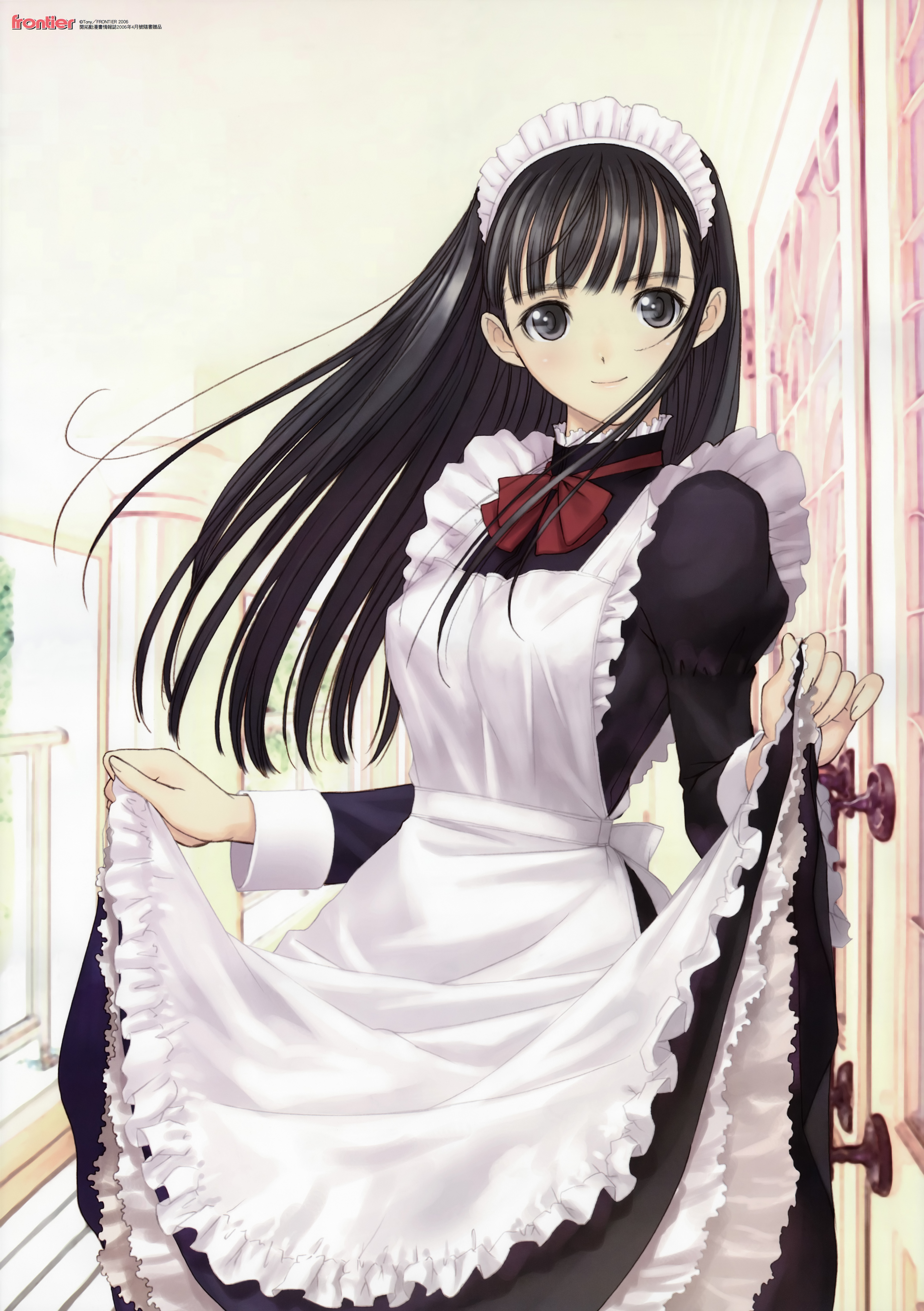 tony taka, watase nozomi, genmukan, absurdres, highres, scan, 00s, 1girl, apron, black eyes, black hair, blush, bow, clothes lift, female focus, frills, long hair, maid, maid apron, maid headdress, petticoat, skirt, skirt hold, skirt lift, smile, solo, turtleneck, window