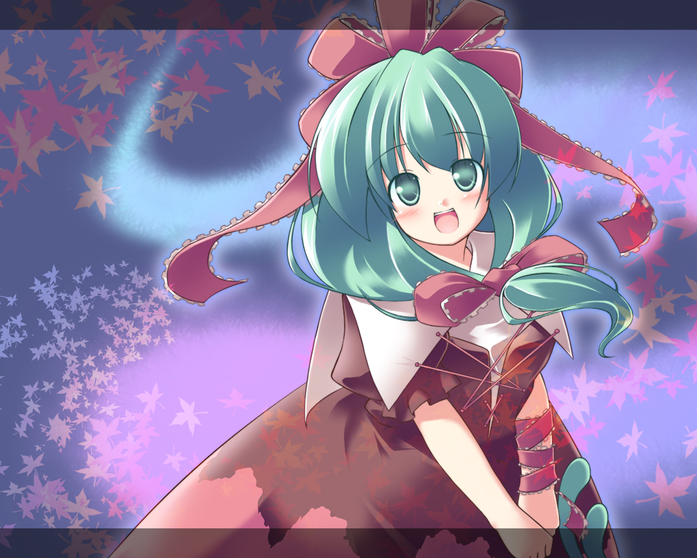 kibushi, kagiyama hina, touhou, 1girl, blush, female focus, front ponytail, green eyes, green hair, hair ribbon, looking at viewer, matching hair/eyes, own hands together, puffy short sleeves, puffy sleeves, red ribbon, ribbon, shawl, short sleeves, solo, tareme, v arms, wrist cuffs