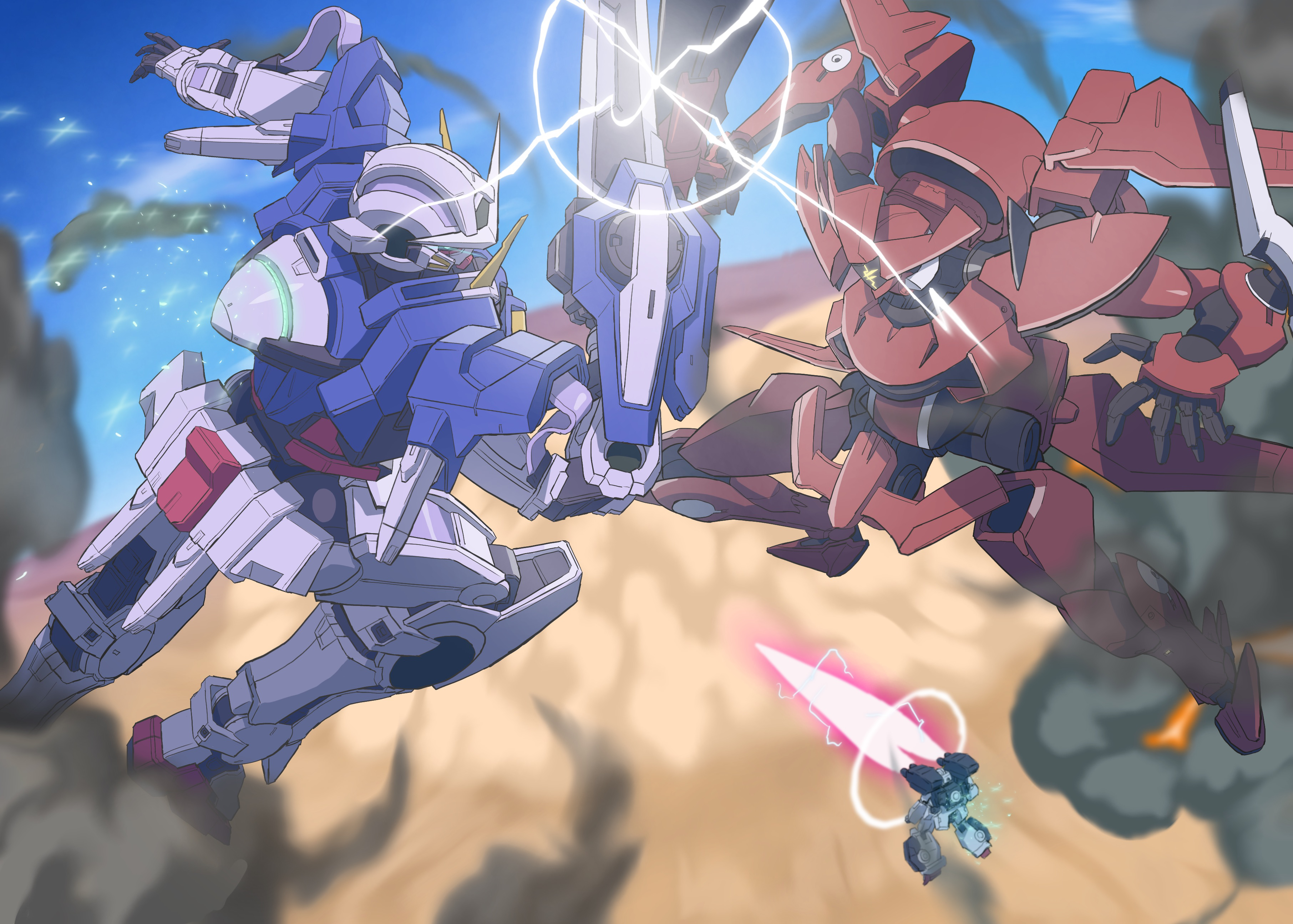 mecha kaku man, enact, gundam exia, gundam virtue, gundam, gundam 00, absurdres, commentary, highres, battle, beam cannon, blue sky, cloud, cloudy sky, desert, energy beam, gn drive, gn particles, gn sword, holding, holding sword, holding weapon, light particles, mecha, mobile suit, no humans, robot, science fiction, sky, smoke, sword, v-fin, weapon