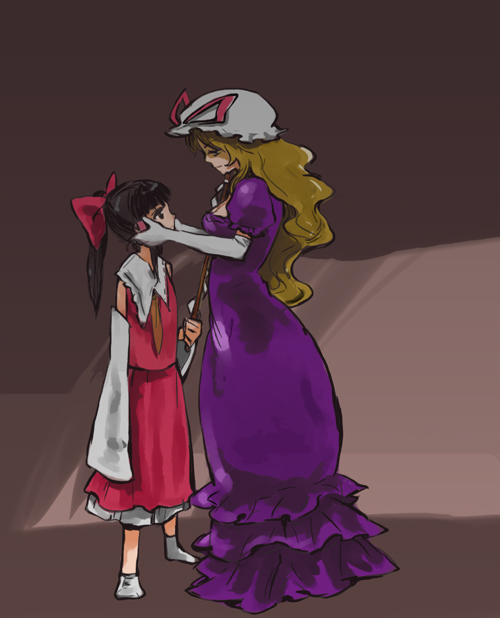 kuma (artist), kuma (crimsonvanilla), hakurei reimu, yakumo yukari, touhou, 2girls, bare shoulders, blonde hair, bow, brown hair, detached sleeves, dress, elbow gloves, female focus, full body, gloves, gohei, hair bow, hair tubes, hands on another's face, hat, height difference, long hair, mob cap, multiple girls, ponytail, red bow, red skirt, ribbon, skirt, standing