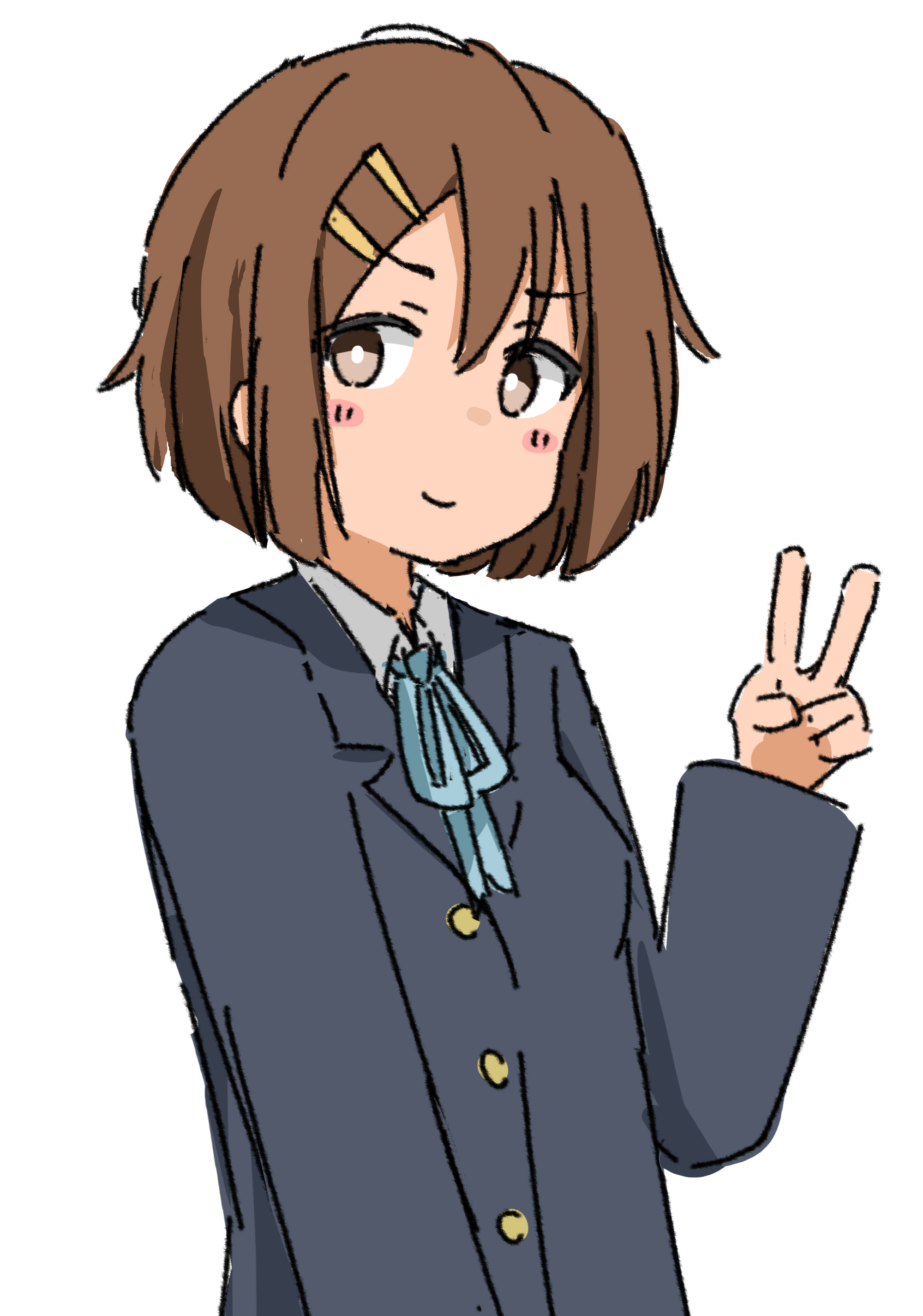 kendama club, hirasawa yui, k-on!, absurdres, commentary request, highres, 1girl, blush, brown hair, closed mouth, looking at viewer, simple background, smile, solo, v, white background