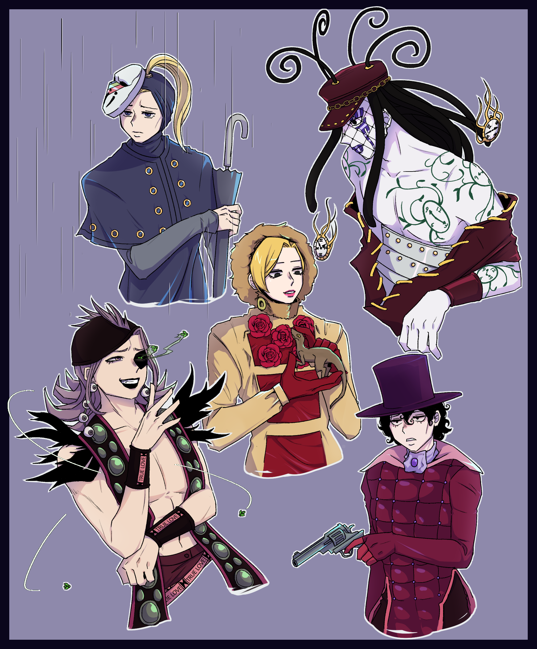 kokain (heroin jjba), blackmore, catch the rainbow, doctor ferdinand, magenta magenta, mrs. robinson, oyecomova, jojo no kimyou na bouken, steel ball run, commentary request, highres, korean commentary, 5boys, androgynous, ascot, black hair, black lips, blonde hair, blue lips, brown hat, bug, capelet, chest tattoo, coat, colored skin, dinosaur, earrings, facepaint, feathers, flower, flower ornament, fly, fur-trimmed hood, fur trim, gloves, grey capelet, grey hair, grey umbrella, gun, hat, high ponytail, holding, holding gun, holding umbrella, holding weapon, hood, hood up, insect, jewelry, long hair, makeup, mask, mask on head, multiple boys, off shoulder, pink lips, ponytail, purple ascot, rain, rainbow print, red coat, red flower, red gloves, red hat, red rose, rose, short hair, stand (jojo), tattoo, top hat, umbrella, weapon, white mask, white skin