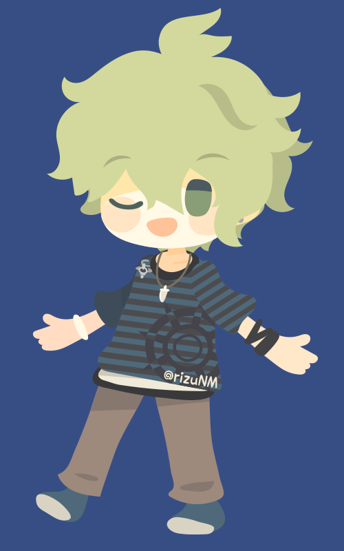 rizu (rizunm), amami rantaro, danganronpa (series), danganronpa v3: killing harmony, 1boy, ;d, blue background, brown pants, chibi, chibi only, green hair, happy, jewelry, male focus, necklace, one eye closed, open mouth, pants, shirt, short hair, short sleeves, simple background, smile, solo, striped clothes, striped shirt