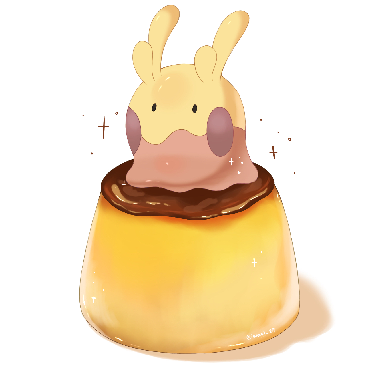 iwasi 29, goomy, nintendo, pokemon, commentary request, highres, alternate color, animal focus, artist name, closed mouth, food, gen 6 pokemon, no humans, pokemon (creature), pudding, shiny pokemon, simple background, solid oval eyes, solo, sparkle, twitter username, white background