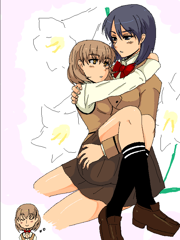 69 (tranquilo), miyamae kanako, tsutsui honoka, maria holic, bad id, bad pixiv id, 00s, 2girls, flower, hug, imagining, lilies, lily (flower), multiple girls, oekaki, pixel art, school uniform, socks, yuri