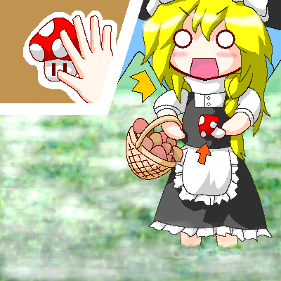 myonde, kirisame marisa, mario (series), nintendo, super marisa world, touhou, lowres, 8d, cloud, crossover, giant, giantess, mushroom, oekaki, parody, solo, super mushroom
