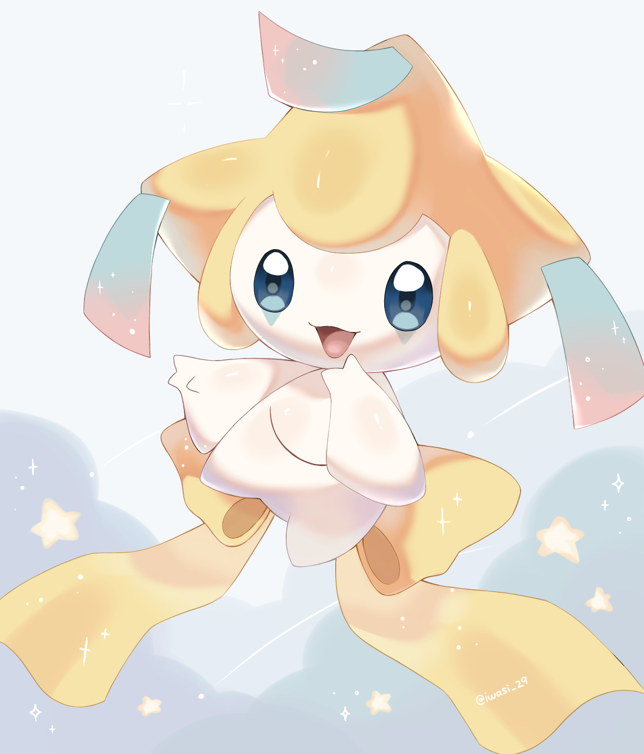 iwasi 29, jirachi, nintendo, pokemon, commentary request, highres, :d, blue eyes, full body, gen 3 pokemon, legendary pokemon, mythical pokemon, no humans, open mouth, pokemon (creature), pokemon focus, smile, solo, twitter username