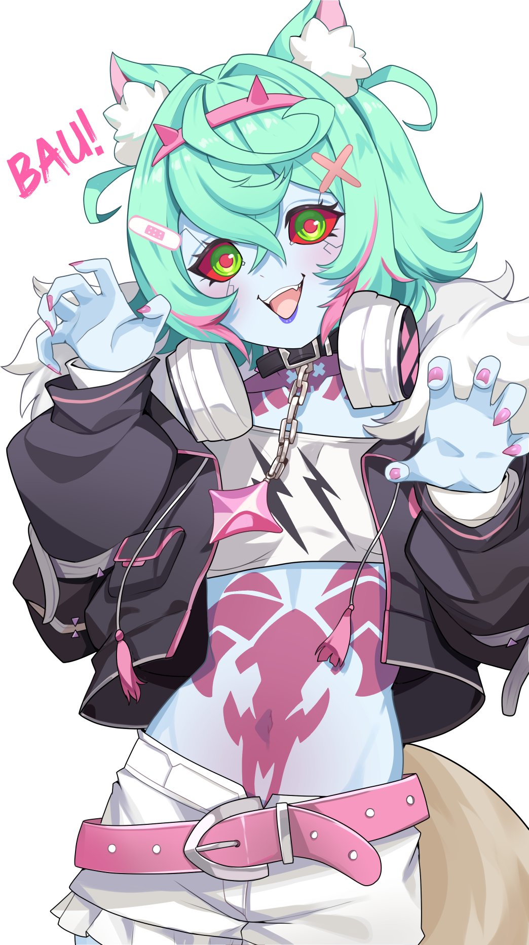 unusualpie, mococo abyssgard, rebecca (cyberpunk), cyberpunk (series), hololive, hololive english, highres, animal collar, animal ears, blue skin, breasts, coat, collar, colored skin, fangs, green hair, short hair, small breasts