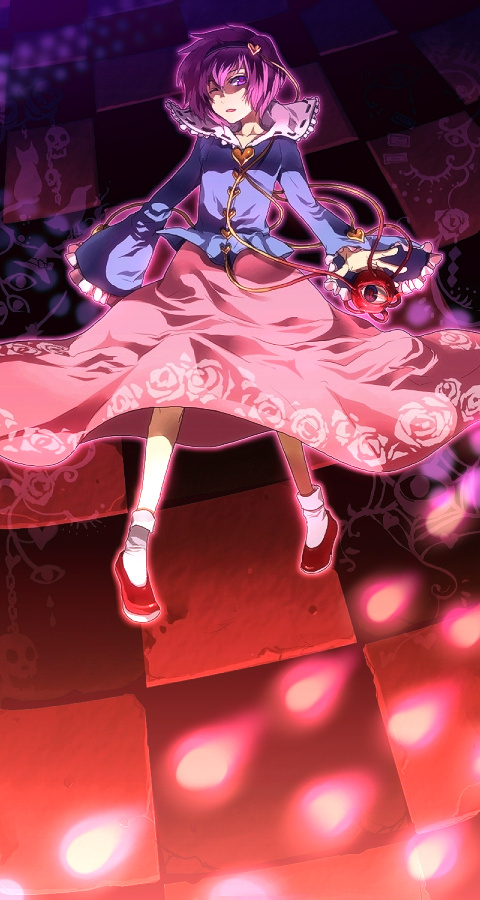 sunakumo, komeiji satori, touhou, 1girl, female focus, full body, hairband, heart, one eye closed, purple eyes, purple hair, short hair, solo, wink
