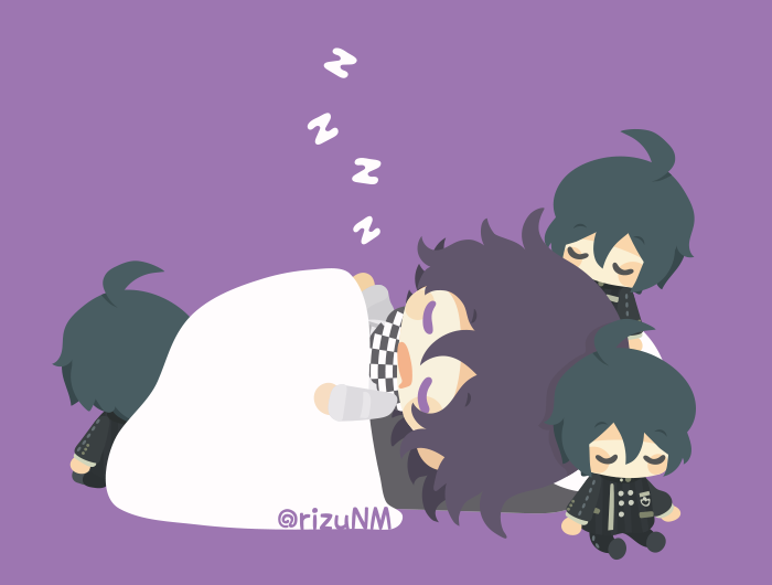 rizu (rizunm), oma kokichi, saihara shuichi, danganronpa (series), danganronpa v3: killing harmony, commentary, 1boy, ahoge, artist name, black hair, black jacket, black pants, blanket, blush, character doll, checkered neckerchief, chibi, chibi only, closed eyes, doll, grey jacket, jacket, lying, male focus, mini person, neckerchief, pants, pink background, purple background, short hair, simple background, sleeping, zzz