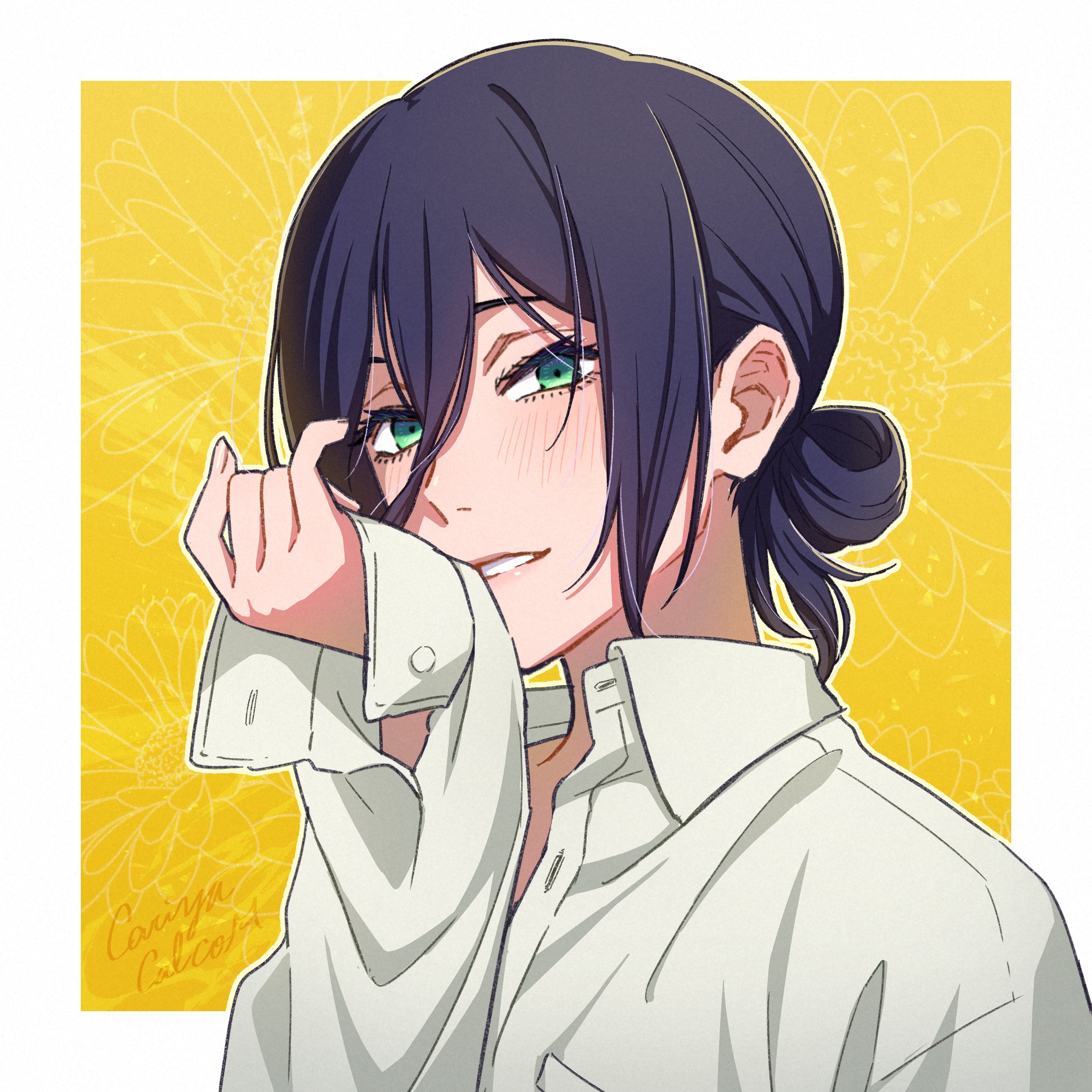 cariyacalco, reze (chainsaw man), chainsaw man, absurdres, commentary request, highres, 1girl, black hair, blush, border, collared shirt, green eyes, hair bun, hand up, long sleeves, looking at viewer, outside border, parted lips, shirt, short hair, signature, solo, upper body, white border, white shirt, yellow background