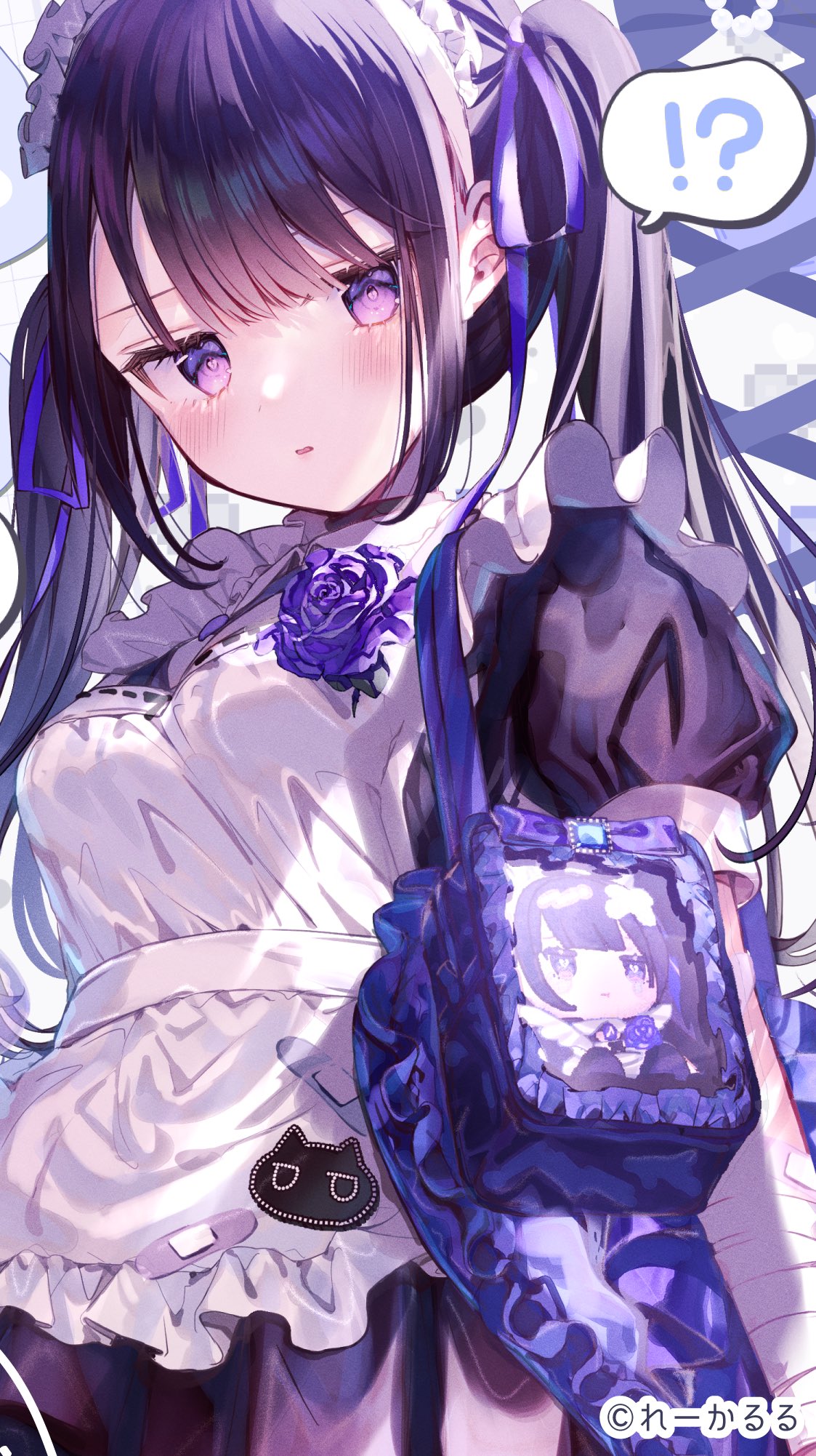 kappe reeka, original, highres, 1girl, apron, bag, black hair, blush, breasts, dress, flower, frills, hair ribbon, handbag, long hair, looking at viewer, maid, maid apron, parted lips, puffy sleeves, purple eyes, purple flower, purple ribbon, purple rose, ribbon, rose, short sleeves, solo, symbol-shaped pupils, twintails, upper body, white apron