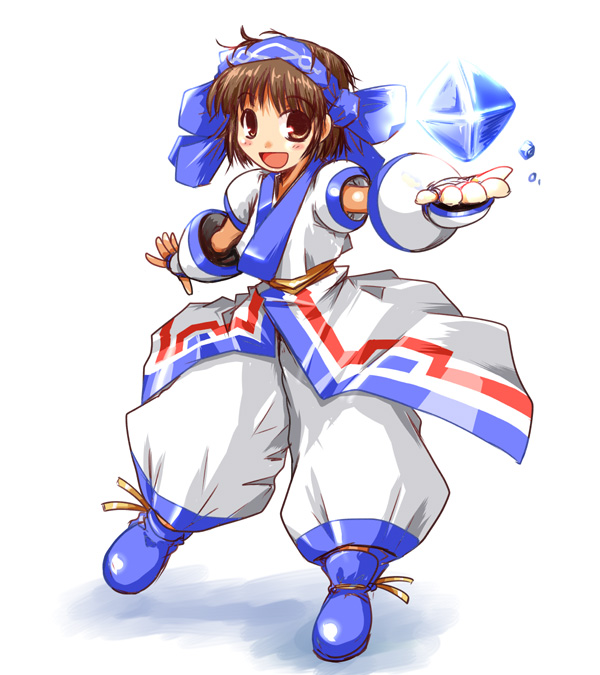 kanoe soushi, konril, rimururu, samurai spirits, snk, uniform, 1girl, :d, brown eyes, brown hair, crystal, dress, female focus, floating, floating object, long sleeves, looking at viewer, open mouth, smile, solo, standing, white dress