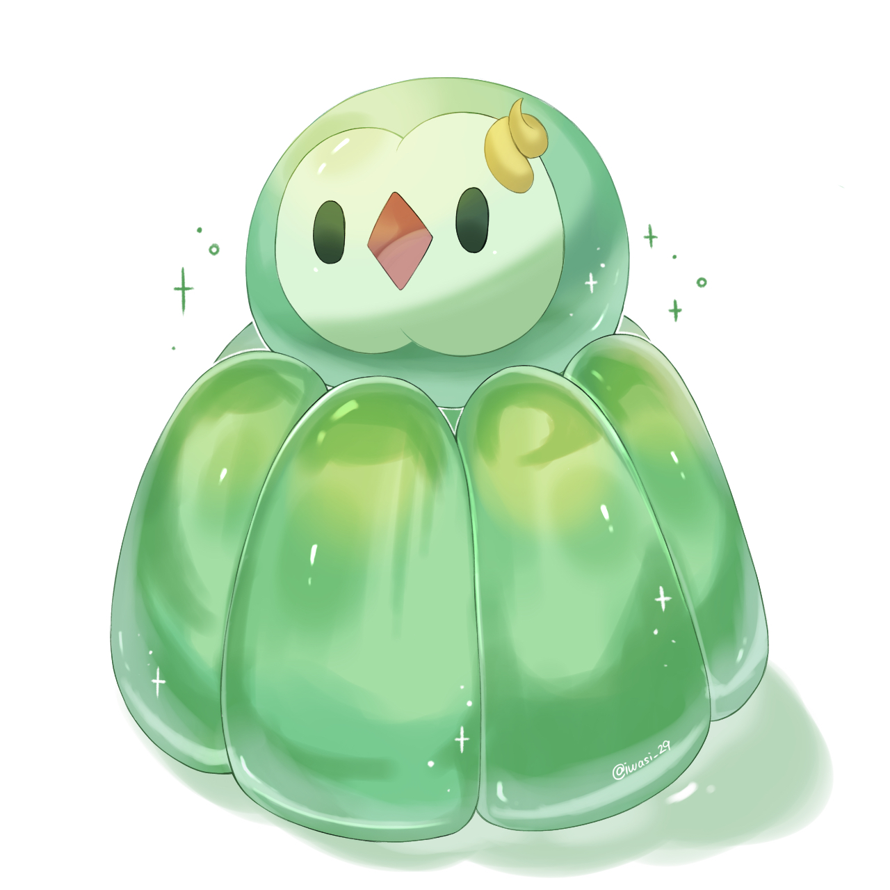 iwasi 29, nintendo, pokemon, character request, commentary, highres, diamond mouth, food, green eyes, no humans, open mouth, pokemon (creature), pudding, simple background, solo, sparkle, white background