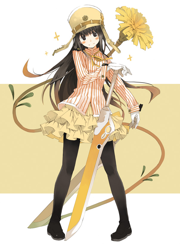 kuchibue, original, black eyes, black hair, black pantyhose, boots, dandelion, dress shirt, flower, frills, full body, gloves, gradient hair, hat, head tilt, long hair, miniskirt, multicolored hair, pantyhose, pleated skirt, ribbon, shirt, shoes, skirt, smile, solo, standing, striped clothes, striped shirt, sword, vertical-striped clothes, vertical-striped shirt, weapon