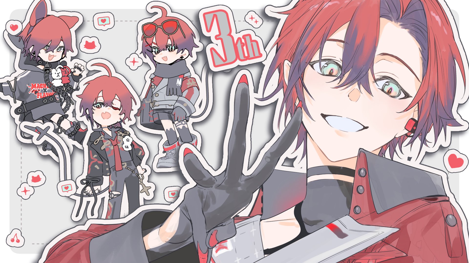 shokuen (oxstl), machina x flayon, machina x flayon (1st costume), holostars, holostars english, highres, 1boy, :d, ;d, ahoge, animal ear hood, animal ears, bell, black nails, cherry, collar, earrings, eyewear on head, fake animal ears, fake tail, food, fruit, gloves, hair between eyes, heart, hood, hood down, hoodie, jewelry, looking at viewer, male focus, multiple views, neck bell, necktie, one eye closed, open mouth, red hair, red necktie, scarf, shorts, smile, tail, tinted eyewear, virtual youtuber