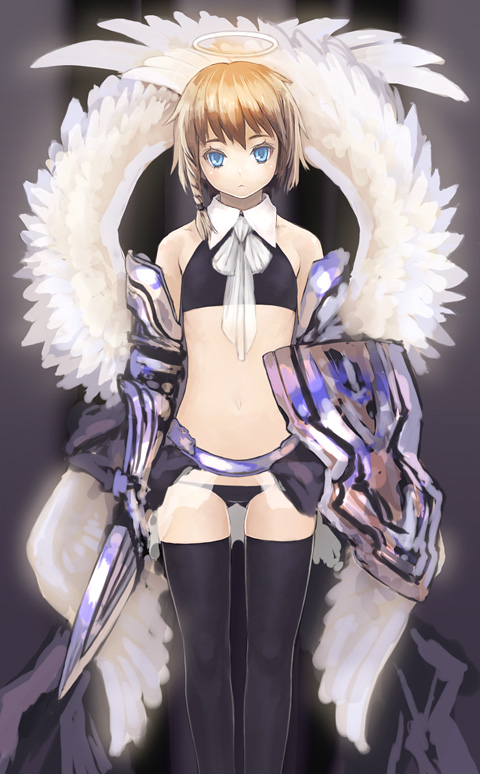 masakichi, original, blue eyes, fantasy, flat chest, gauntlets, halo, lowleg, shield, short hair, solo, sword, thighhighs, weapon, wings