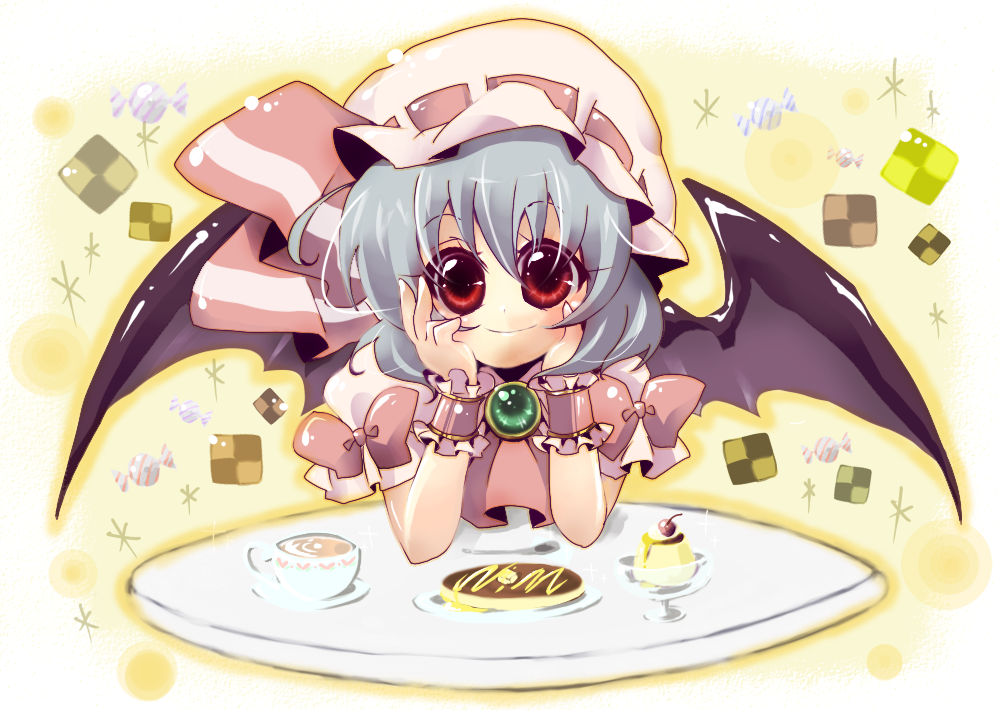 aimai (artist), manabu, remilia scarlet, touhou, bad id, bad pixiv id, 1girl, bat wings, blue hair, female focus, hat, red eyes, short hair, solo, wings