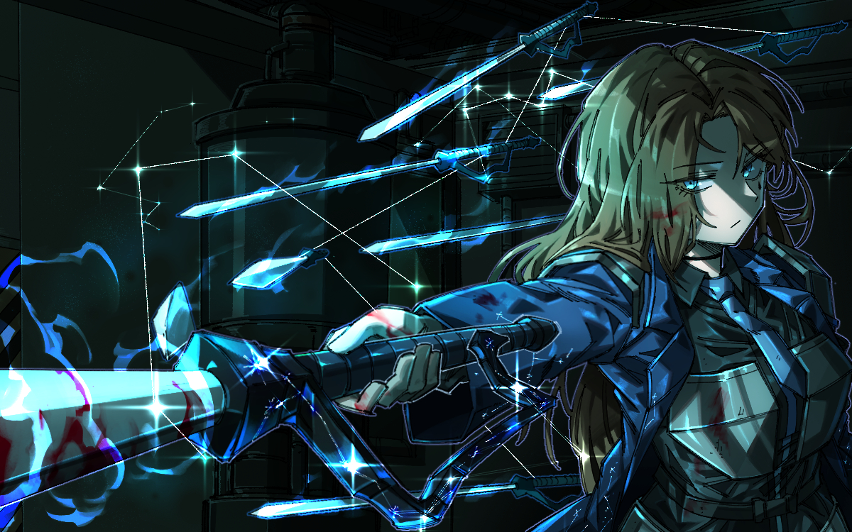 ehdbs1198, rodion (project moon), limbus company, project moon, 1girl, armor, belt, black shirt, blood, blood on face, bloody weapon, blue coat, blue eyes, blue necktie, breastplate, brown hair, closed mouth, coat, collared shirt, constellation, e.g.o (project moon), eyes visible through hair, holding, holding sword, holding weapon, long hair, long sleeves, looking at viewer, necktie, rapier, shirt, solo, sparkle, sword, teardrop facial mark, the sword sharpened with tears (e.g.o), weapon