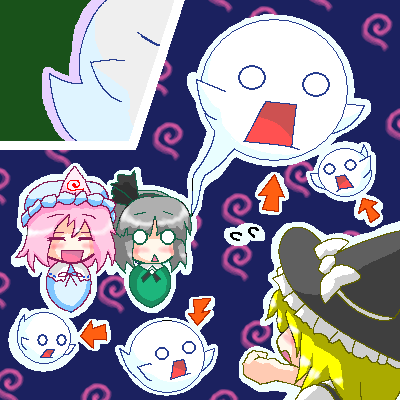 myonde, boo (mario), kirisame marisa, konpaku youmu, konpaku youmu (ghost), saigyouji yuyuko, mario (series), nintendo, super marisa world, touhou, lowres, 3girls, blonde hair, crossover, ghost, hitodama, multiple girls, oekaki, parody