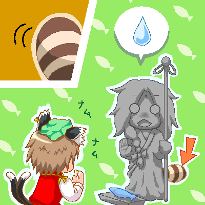 myonde, chen, kirisame marisa, mario (series), nintendo, super mario bros. 3, super marisa world, touhou, lowres, animal ears, cat ears, cat tail, crossover, oekaki, parody, raccoon tail, statue, tail, tanuki