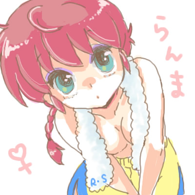 hoshino lala, ranma-chan, saotome ranma, ranma 1/2, bad id, bad pixiv id, lowres, 1girl, blue eyes, braid, braided ponytail, breasts, character name, cleavage, female focus, genderswap, genderswap (mtf), leaning forward, medium breasts, no bra, red hair, shorts, single braid, solo, topless female, towel, venus symbol, white background