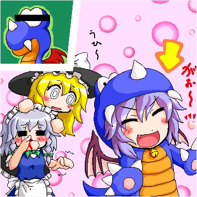 myonde, rex, izayoi sakuya, kirisame marisa, remilia scarlet, rex (mario), rex (super mario world), mario (series), nintendo, super mario world, super marisa world, touhou, silver hair, lowres, 3girls, :d, :o, = =, apron, arrow (symbol), bar censor, bell, blonde hair, blood, blue hair, blush, bow, braid, censored, censored identity, closed eyes, cosplay, dinosaur, fang, female focus, frills, hair ribbon, hands on another's head, hat, hat bow, jingle bell, long hair, maid, maid apron, maid headdress, motion lines, multiple girls, nosebleed, oekaki, open mouth, parody, rex (cosplay), rex (super mario world) (cosplay), ribbon, short hair, smile, twin braids, waist apron, wings, witch hat