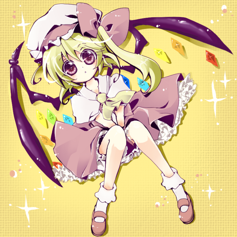 aimai (artist), manabu, flandre scarlet, touhou, bad id, bad pixiv id, 1girl, blonde hair, collared shirt, female focus, hair between eyes, hat, mob cap, ponytail, red eyes, shirt, short hair, side ponytail, socks, solo, white hat, white socks, wings, yellow background