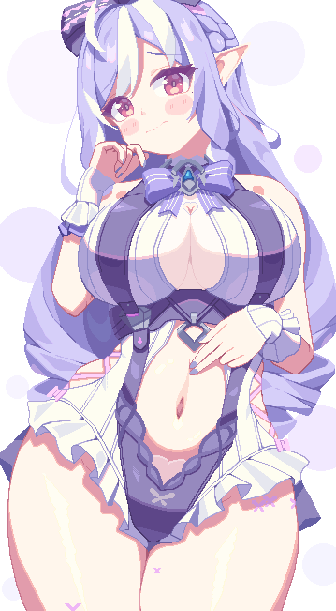 piao mao, vivian banshee, vivian banshee (iris of the shore), zenless zone zero, animated, animated gif, highres, 1girl, bare shoulders, blinking, blush stickers, breasts, breathing, cleavage, closed mouth, cowboy shot, frilled one-piece swimsuit, frills, large breasts, long hair, looking at viewer, multicolored hair, navel, one-piece swimsuit, pixel art, pointy ears, purple hair, purple nails, red eyes, solo, streaked hair, swimsuit, thighs, white hair