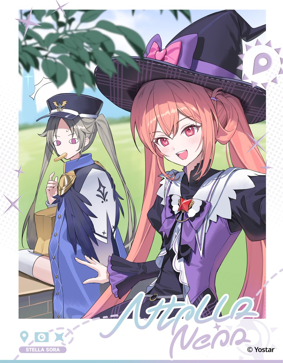 kitada mo, stella sora, highres, 2girls, bag, blush, bow, brooch, dress, food, food in mouth, grass, grey hair, guest art, hair rings, hat, hat bow, jacket, jewelry, juliet sleeves, laru (stella sora), long hair, long sleeves, looking at viewer, mistique (stella sora), multiple girls, open mouth, outdoors, pink eyes, pink hair, puffy sleeves, red eyes, sitting, smile, teeth, thighhighs, twintails, upper teeth only, witch hat