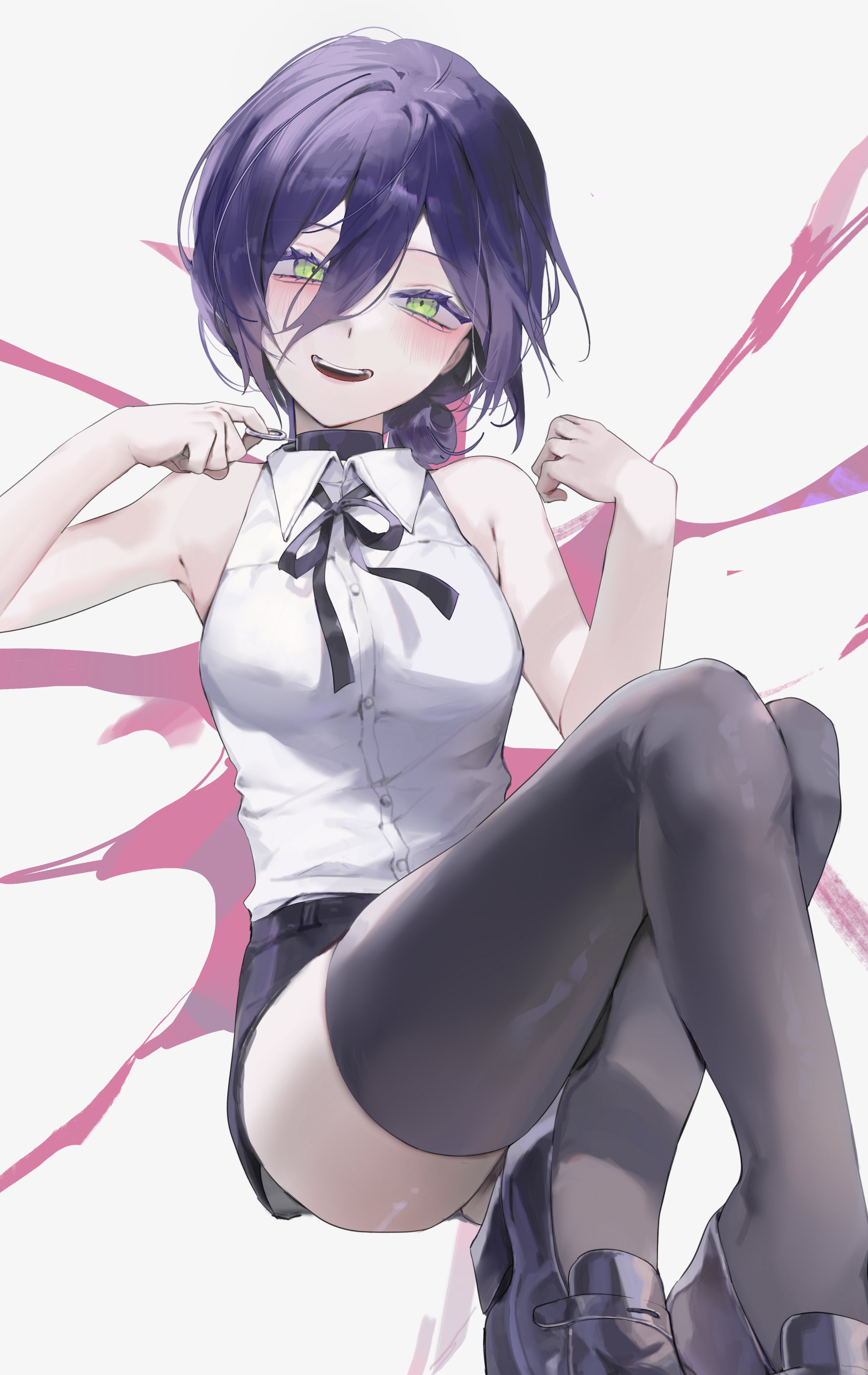 tokkieee qian, reze (chainsaw man), chainsaw man, absurdres, commentary, highres, 1girl, bare shoulders, black choker, black hair, black ribbon, black shoes, black shorts, black thighhighs, blush, choker, collared shirt, feet out of frame, green eyes, hair between eyes, hands up, knees up, long hair between eyes, looking at viewer, neck ribbon, open mouth, ribbon, shirt, shoes, short hair, short shorts, shorts, sleeveless, sleeveless shirt, thighhighs, white shirt, zettai ryouiki