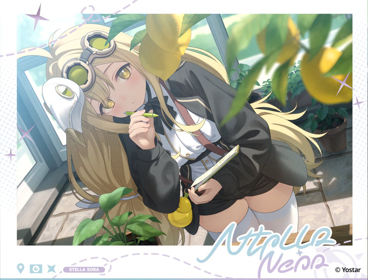 ruien (wu jui-en), stella sora, 1girl, black bow, black bowtie, black jacket, black shorts, blonde hair, bow, bowtie, closed mouth, dutch angle, food, fruit, goggles, guest art, holding, holding pen, jacket, lemon, long hair, long sleeves, looking at viewer, mask, mask on head, open clothes, open jacket, pen, plant, ridge (stella sora), shirt, short shorts, shorts, solo, thighhighs, very long hair, white shirt, white thighhighs, yellow eyes