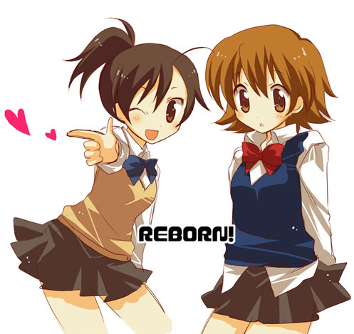 pokopi, miura haru, sasagawa kyouko, katekyo hitman reborn!, duplicate, lowres, 00s, 2girls, black hair, blush, bow, bowtie, brown eyes, brown hair, dress shirt, miniskirt, multiple girls, ponytail, school uniform, shirt, short hair, skirt, smile, standing, vest, wink