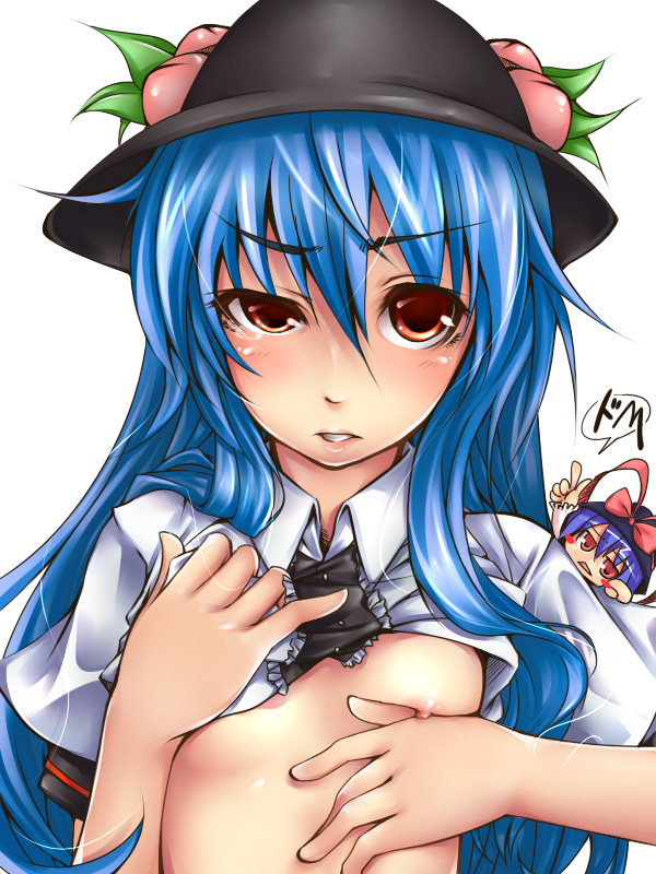 okina togo, serizawa mutsuki, hinanawi tenshi, nagae iku, touhou, bad id, 2girls, blue hair, clothes lift, female focus, flat chest, hat, multiple girls, petite, red eyes, shirt lift, tears, uneven eyes