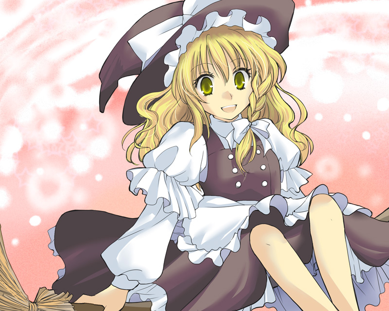 itte2, kirisame marisa, touhou, bad id, bad pixiv id, 1girl, blonde hair, braid, broom, broom riding, female focus, hat, solo, witch, witch hat, yellow eyes