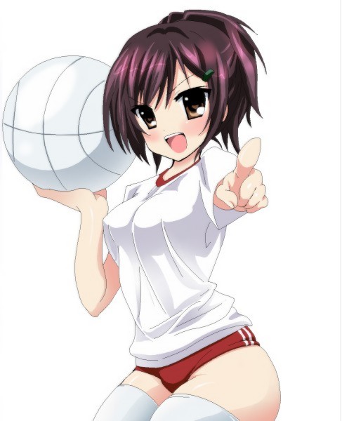momoiro tanuki, miura haru, katekyo hitman reborn!, bad id, bad pixiv id, 00s, 1girl, ball, blush, breasts, brown eyes, brown hair, buruma, double vertical stripe, female focus, gym uniform, open mouth, ponytail, shirt, solo, standing, thighhighs, volleyball, volleyball (object), white thighhighs