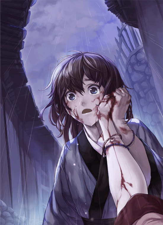 comet (teamon), original, gender request, androgynous, blood, blood on face, blood on hands, brown hair, death, from below, hand on another's face, japanese clothes, outdoors, pov, pov hands, rain, short hair, solo focus, tears