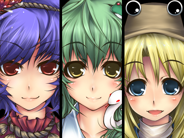 okina togo, serizawa mutsuki, kochiya sanae, moriya suwako, yasaka kanako, touhou, bad id, bad pixiv id, 3girls, blonde hair, blue eyes, female focus, green hair, hat, multiple girls, purple hair, red eyes, yellow eyes